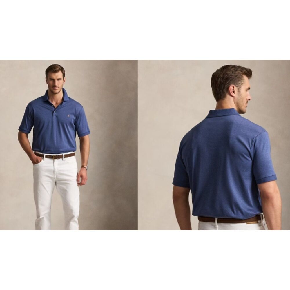 SZ L RALPH LAUREN Classic Fit Soft Cotton Polo Shirt Derby Blue Heather Color